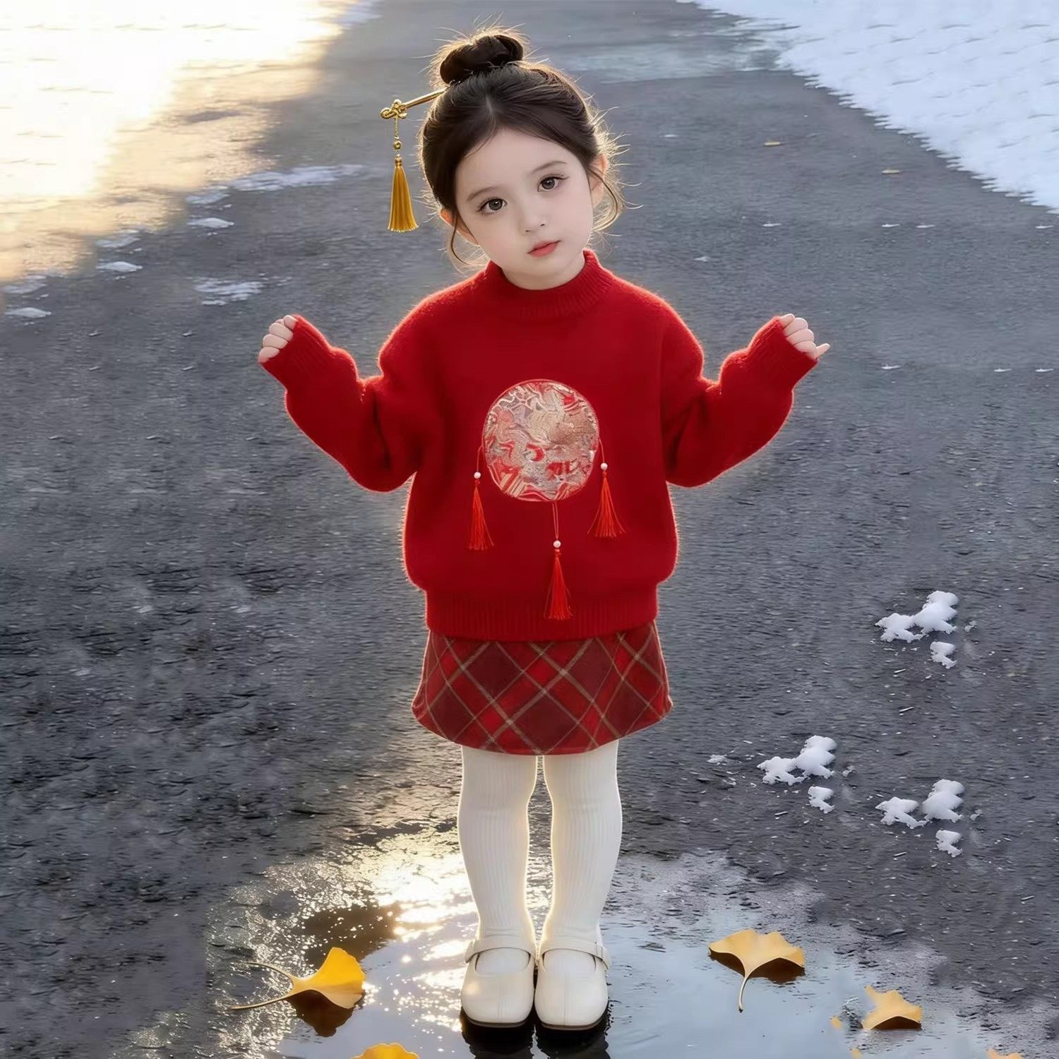 女童喜庆新年战袍26冬季红色锦缎流苏毛衣小女孩格纹半身裙两件套