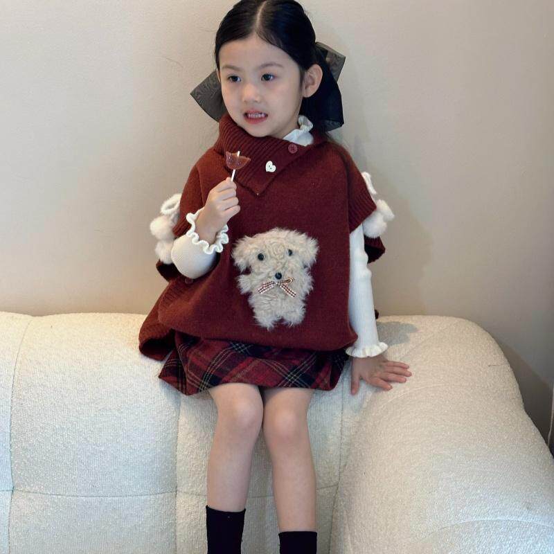 女童秋冬套装2025新款女宝宝新年红色毛绒小狗针织马甲红格半身裙