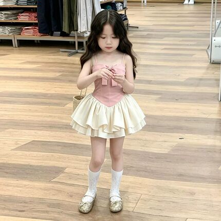 韩版女童2026夏季新款甜美粉色蝴蝶结蓬蓬蛋糕裙小女孩收腰蓬蓬裙