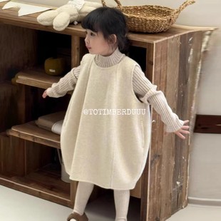 韩版女童2025冬季新款米色毛呢加厚花苞背心裙小女孩坑条高领毛衣