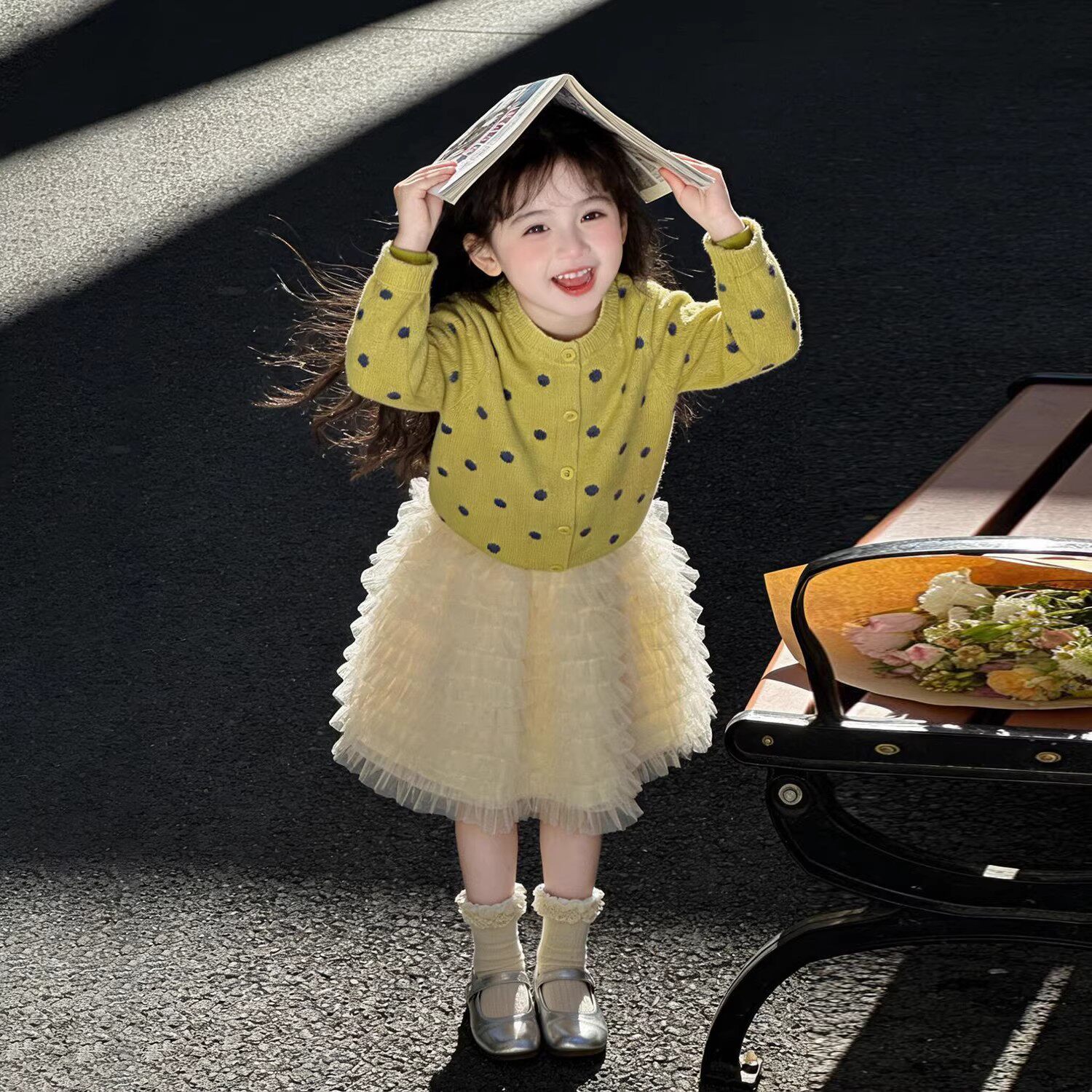 韩版女童2026春季新款绿色波点薄款针织开衫小女孩防晒外套网纱裙