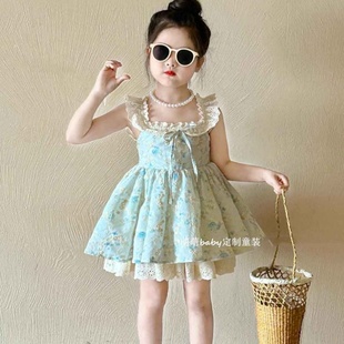 韩国童装2025夏季新款蓝色碎花蕾丝小飞袖连衣裙小女孩甜美公主裙