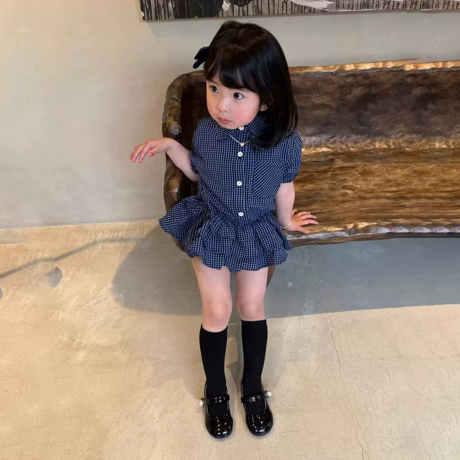 女童夏季超好看蓝色格子衬衫短裙