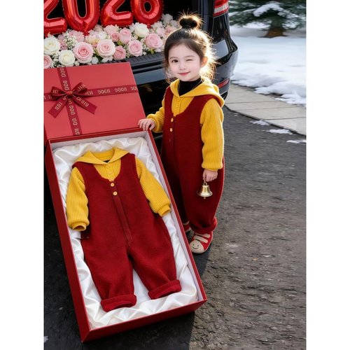 女童新年羊羔绒加厚夹棉背带裤