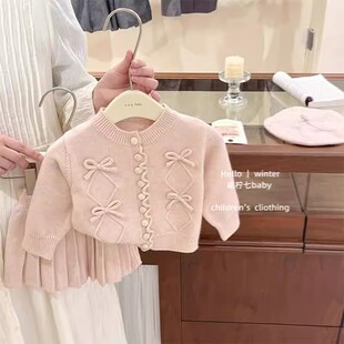 韩版女童2026春秋新款粉色针织套装小女孩蝴蝶结毛衣半身裙两件套