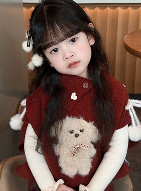 韩版女童2025秋冬新款红色毛球系带斜开领小狗马甲女宝宝红格半裙