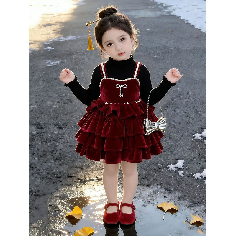 女童冬季酒红色丝绒蝴蝶结蛋糕裙