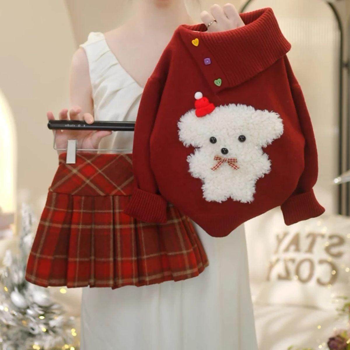 韩国童装2025秋冬新款红色可爱毛绒小狗斜翻领毛衣女童红格百褶裙