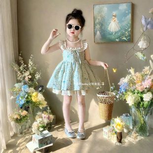韩国童装2025夏季新款蓝色碎花蕾丝飞袖连衣裙女孩甜美梦幻公主裙