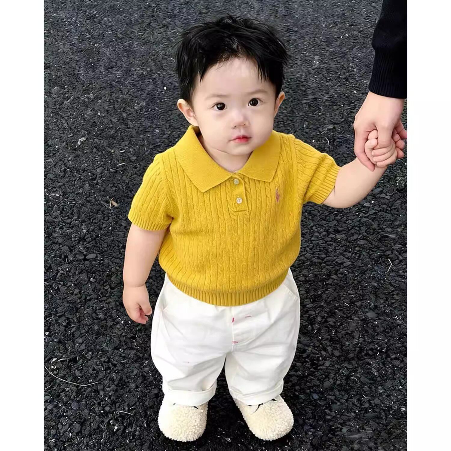 男童夏季百搭Polo衫2026新款黄色刺绣翻领针织短袖儿童白色休闲裤