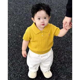 男童夏季百搭Polo衫2026新款黄色刺绣翻领针织短袖儿童白色休闲裤
