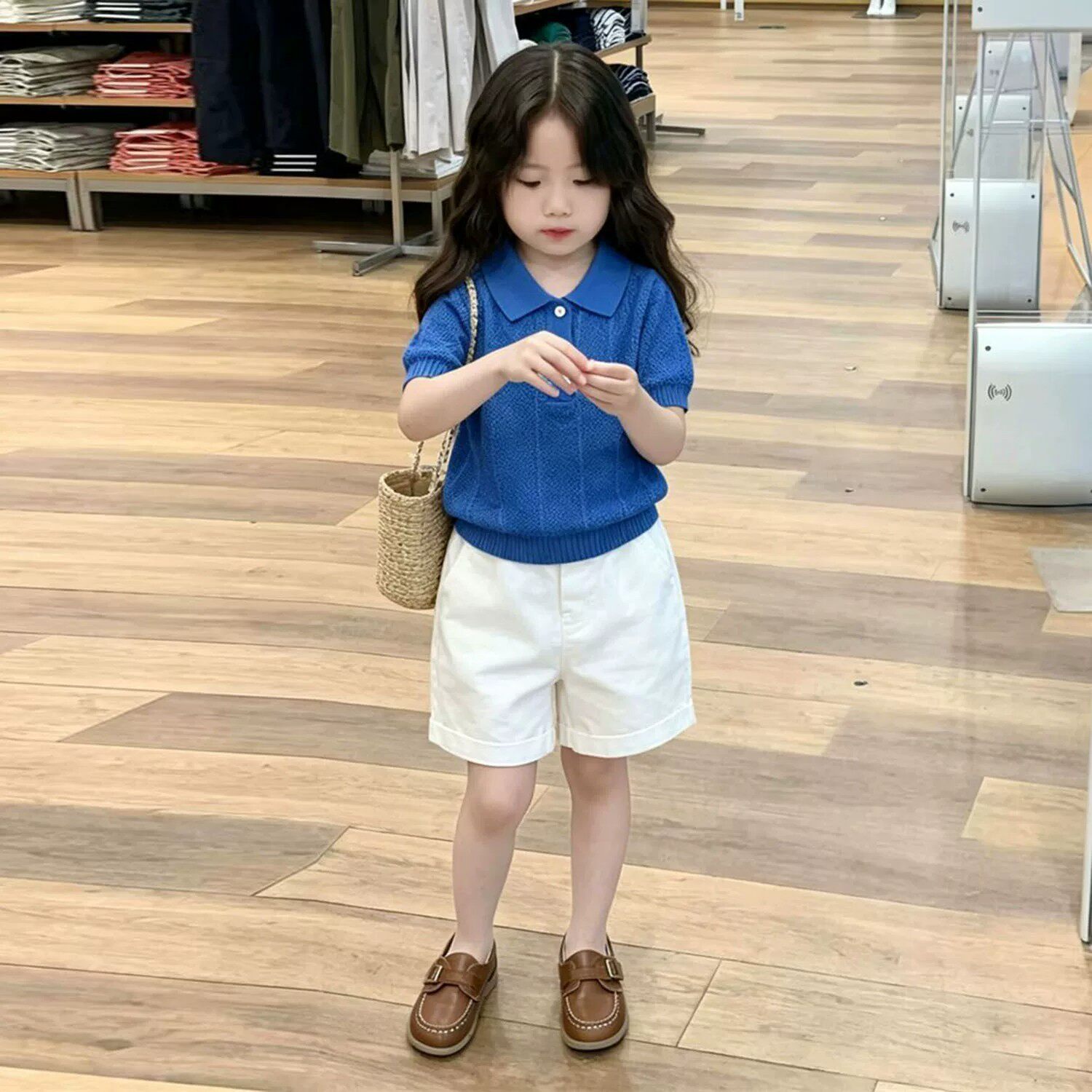 女童夏季蓝色缕空冰丝短袖针织衫