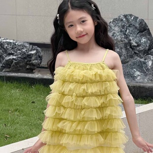 韩版女童2025夏季新款黄色层次感网纱吊带背心小女孩蕾丝花边裙裤