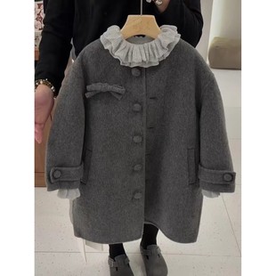 韩版女童2025冬季新款灰色蝴蝶结加厚呢大衣女孩复古气质毛呢外套