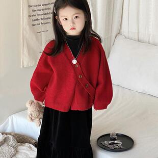 韩国童装2025秋冬新款红色V领针织开衫女童毛衣外套黑色丝绒长裙