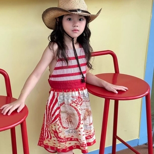 韩版女童2025夏季新款多巴胺红色条纹吊带裙小女孩复古气质连衣裙