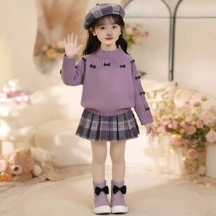 韩版女童2025冬季新款小香风紫色蝴蝶结加厚毛衣小女孩格纹百褶裙