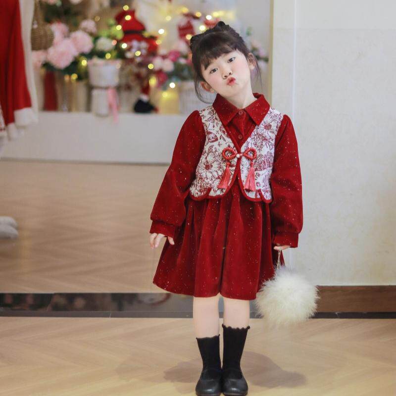 韩版女童红色蝴蝶连衣裙