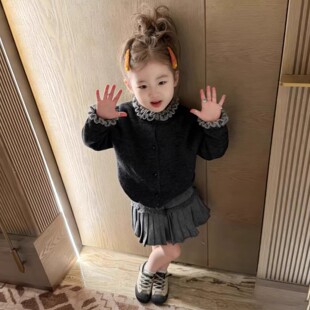 韩版女童2026春季新款灰黑色薄款针织开衫小女孩毛衣木耳花边半裙