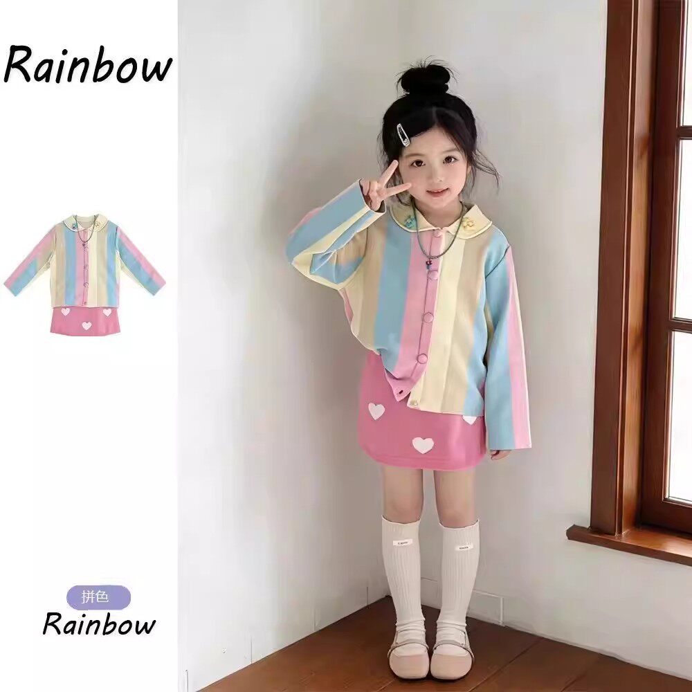 韩版女童春季彩色条纹娃娃领毛衣