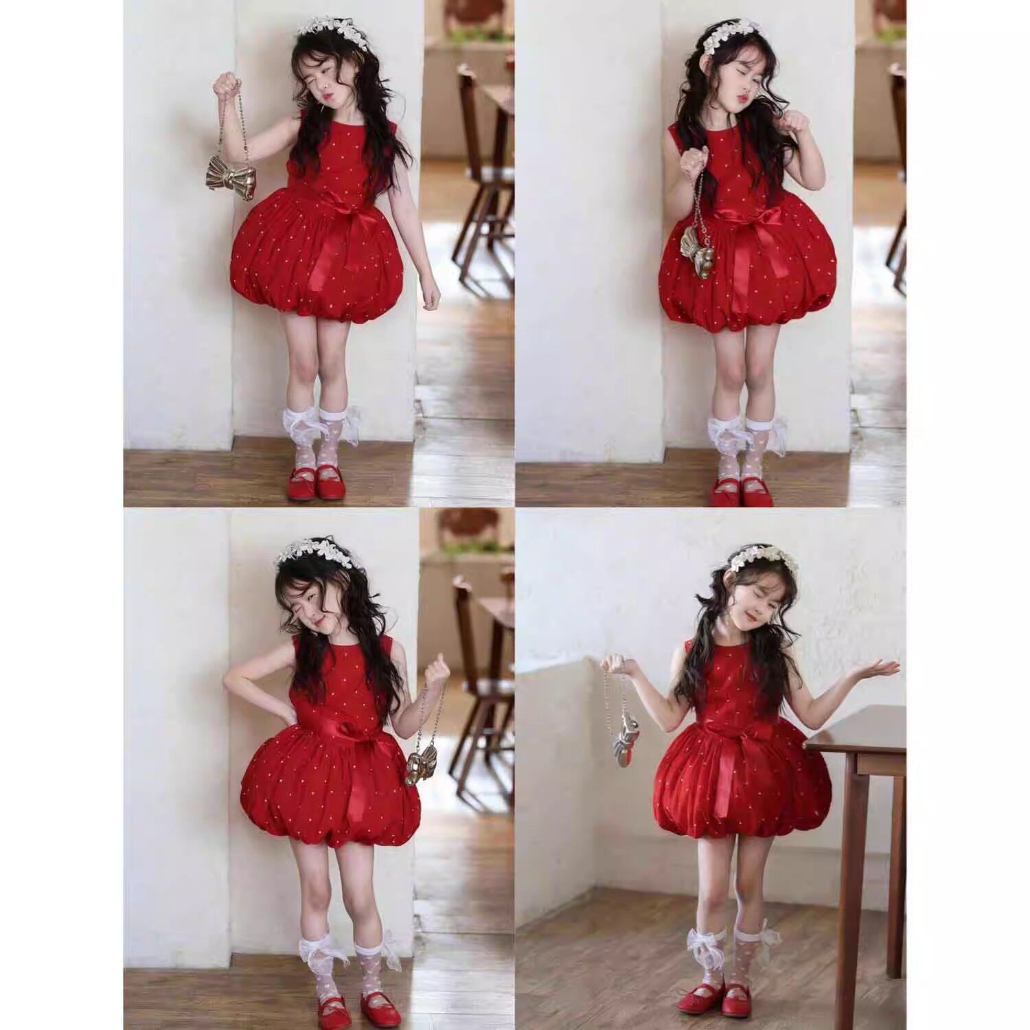 韩版女童2026夏季新款草莓红色圆领花苞背心裙小女孩蓬蓬公主短裙