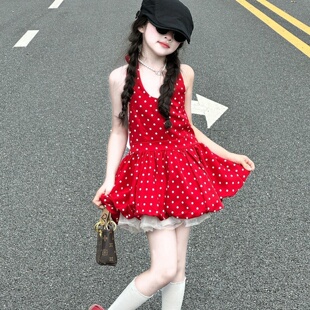 韩版女童2025夏季新款甜酷红色波点挂脖露背裙女孩蓬蓬花苞连衣裙