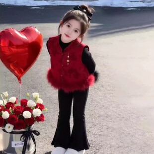 新中式女童2026冬季新年战袍红色提花旗袍马甲小女孩国风立领背心