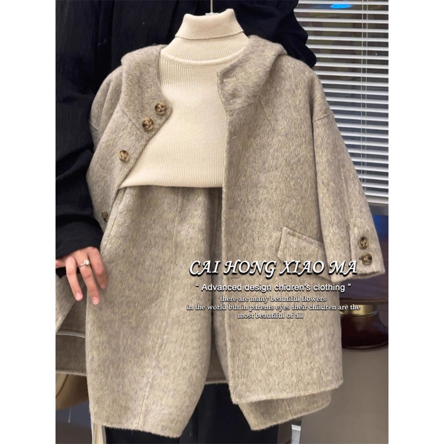 韩版男童秋冬卡其色毛呢加厚外套