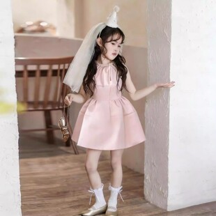 韩版女童2026夏季新款名媛风粉色锦缎收腰连衣裙小女孩千金蓬蓬裙