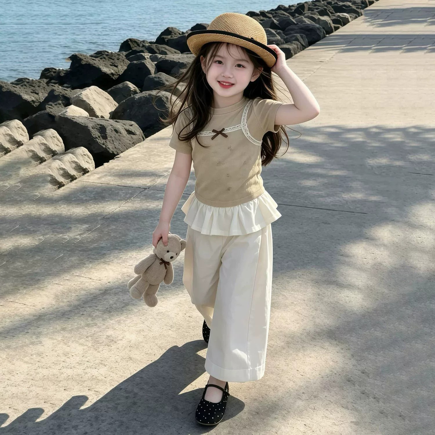 韩版女童夏季碎花蕾丝短袖T恤