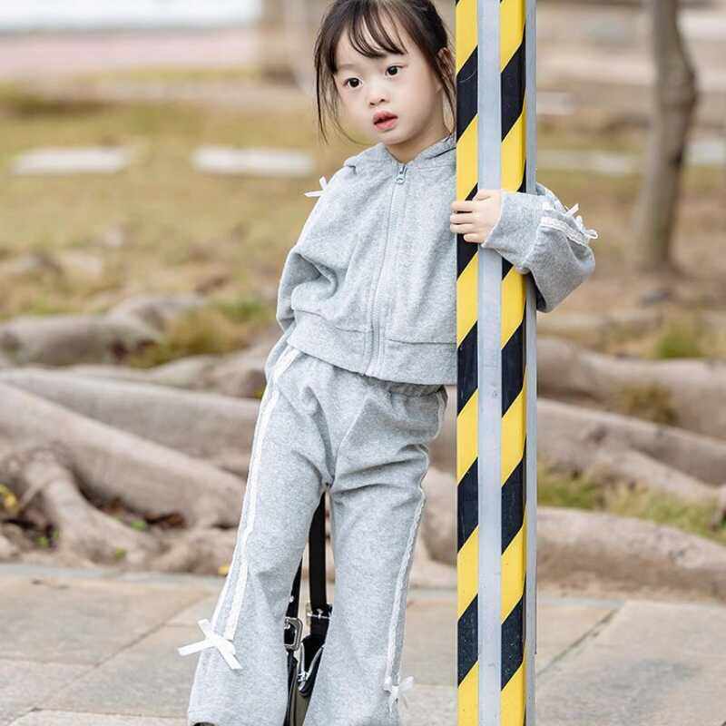 韩版儿童2025秋季新款潮酷灰色蝴蝶结外套男女童侧条纹卫衣休闲裤