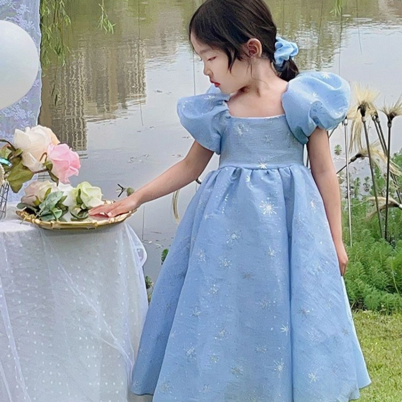 迪士尼在逃公主裙女童周岁礼服连衣裙夏季儿童蓝色亮片泡泡袖裙子