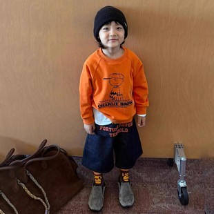 韩版男童2025秋季新款多巴胺橙色卡通查理印花卫衣男童字母阔腿裤