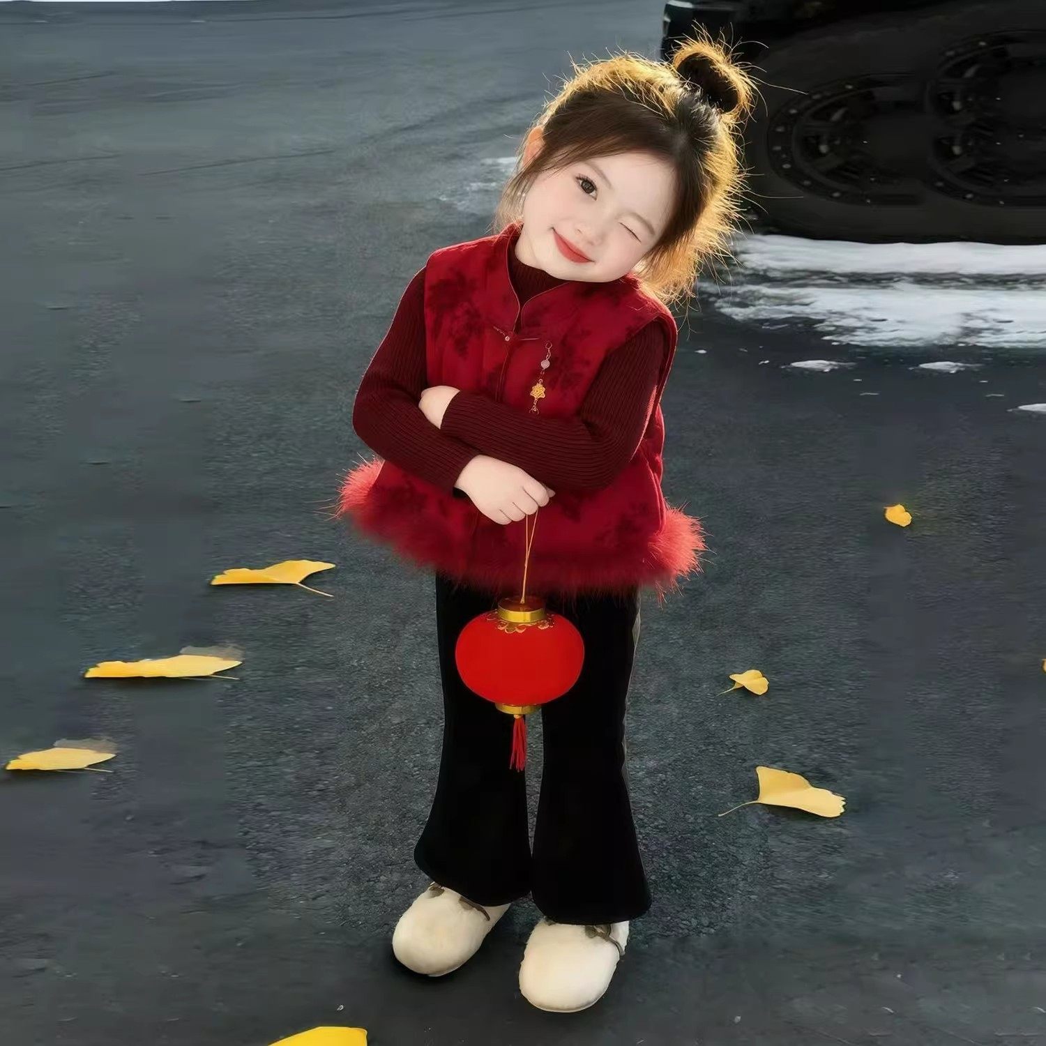 新中式女童冬季新年战袍红色马甲