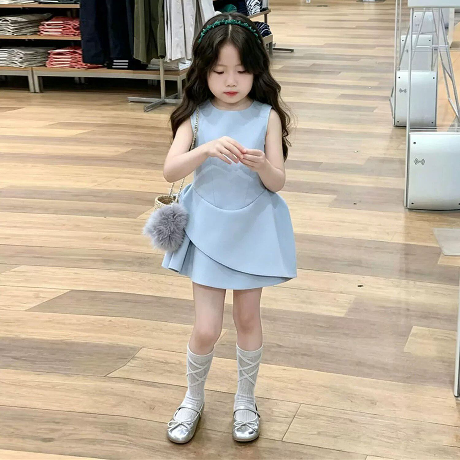 法式女童夏季蓝色不规则背心短裙