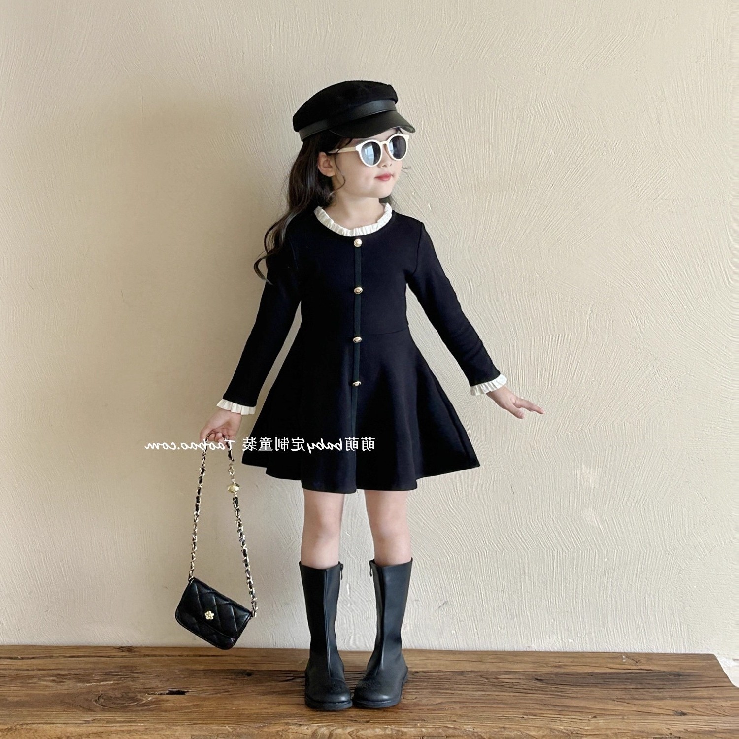 韩版女童2025秋季新款黑色蕾丝边拼接长袖连衣裙小女孩洋气小黑裙