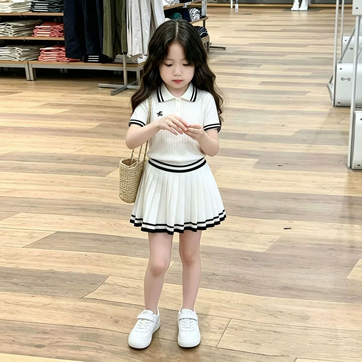 韩版女童夏季白色针织短袖两件套