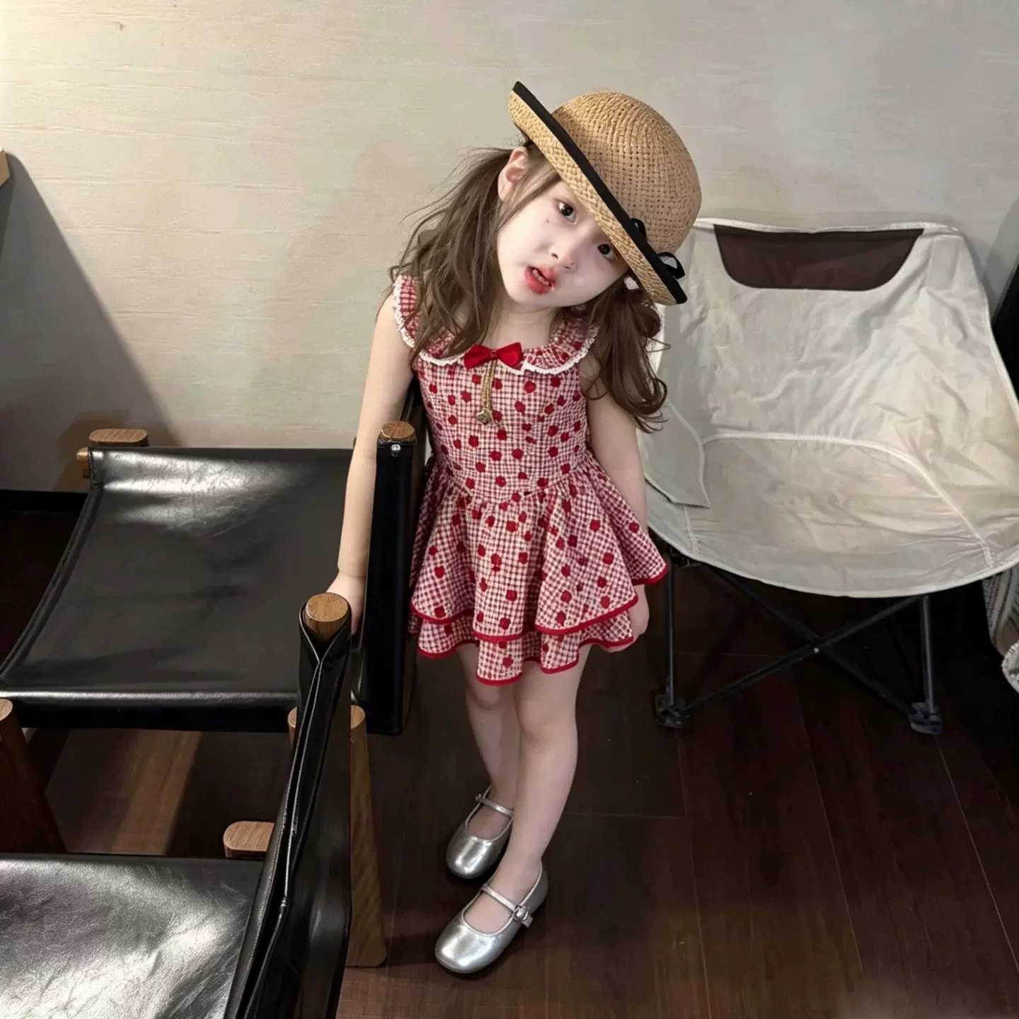 女童甜美夏季波点蝴蝶结吊带短裙