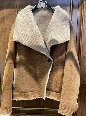 HERDERS 复古棕短款潮流帽款皮毛一体皮草外套Y 40576