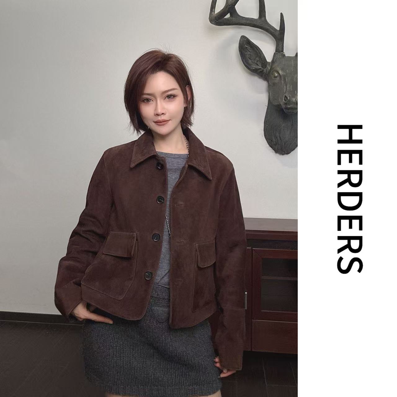 HERDERS ‘高奢反绒系列’ 短款翻领纽扣款皮衣 256751
