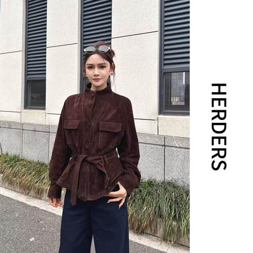 HERDERS 短款长袖薄款修身立领反绒牛皮皮衣外套 60103