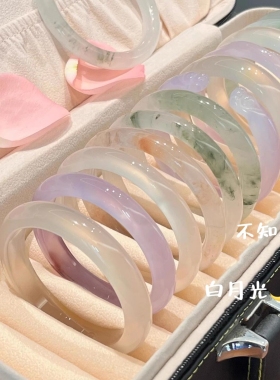 天然正品半山水玛瑙玉髓白月光手镯库里蓝玉镯紫罗兰手镯翡翠珠宝