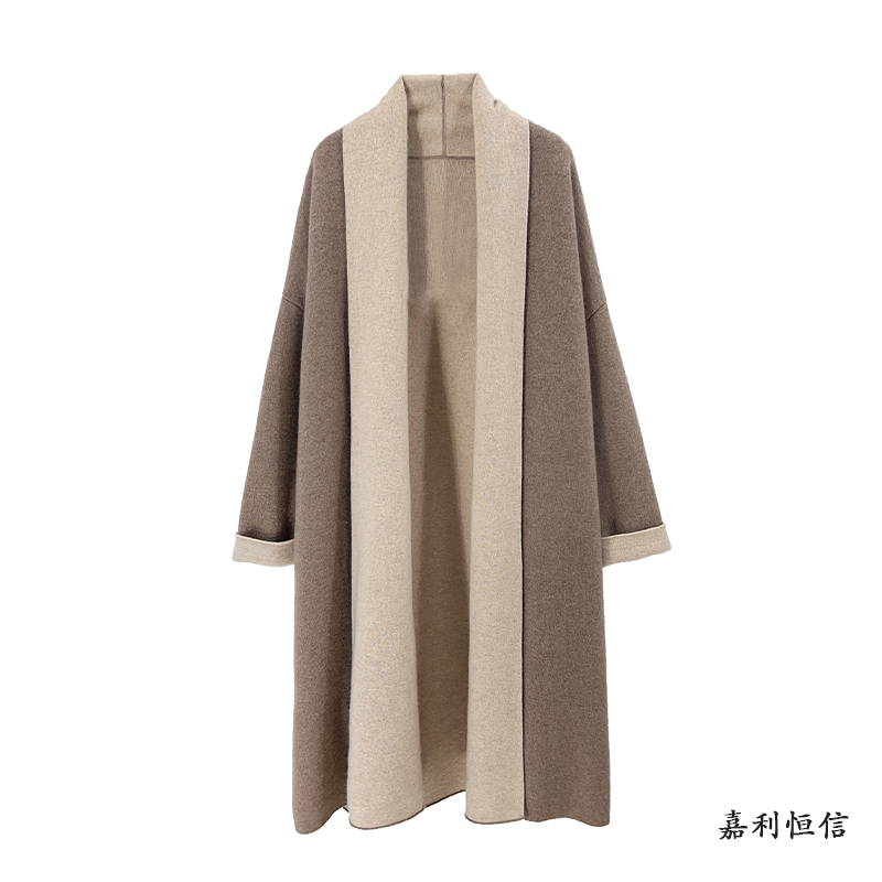 618潇洒百搭无扣双面双色自带翻领女式山羊绒长款针织风衣