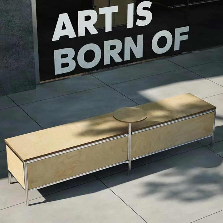 北欧咖啡厅靠墙卡座桌子一体海洋板长凳矮凳铝合金型材小圆桌座椅