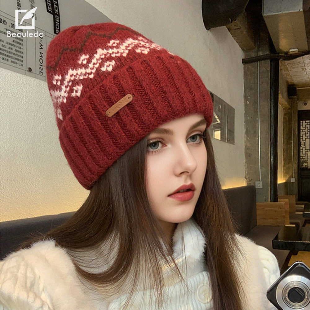 秋冬季保暖酒红色系列提花毛线帽子女新款加厚保暖针织帽护耳冷帽
