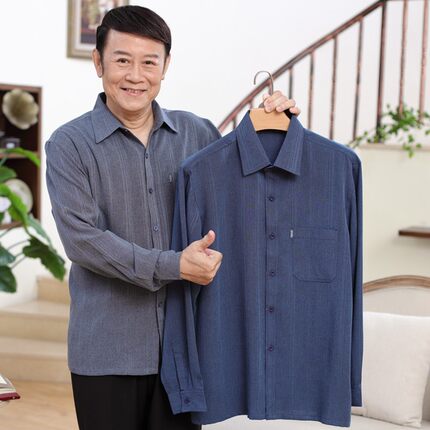 春夏薄款中老年透气亚麻衬衫男士宽松加肥加大棉麻爸爸装长袖衬衣