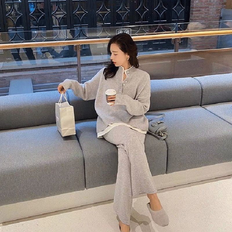 秋冬季港风盐系减龄网红运动休闲针织卫衣阔腿裤两件套装女一整套
