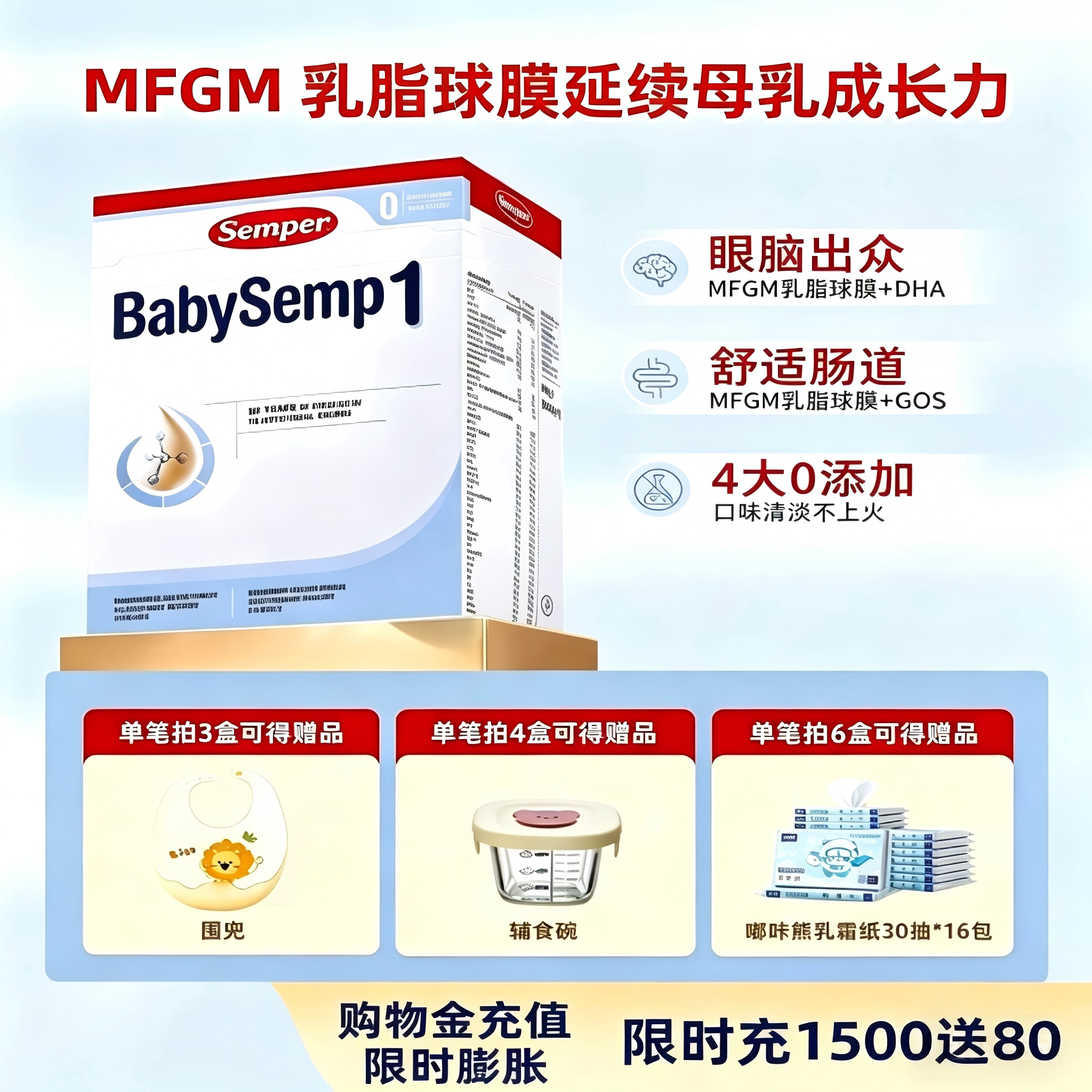 semper森宝奶粉1段瑞典MFGM+DHA新生儿配方奶粉盒装0-6月800g/盒