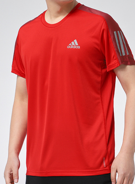阿迪达斯红色短袖男子健身T恤2024春季新款圆领半袖T恤GC7872