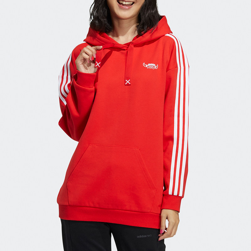 阿迪达斯neo红色卫衣女21春季新年红印花运动服连帽套头衫gs2573